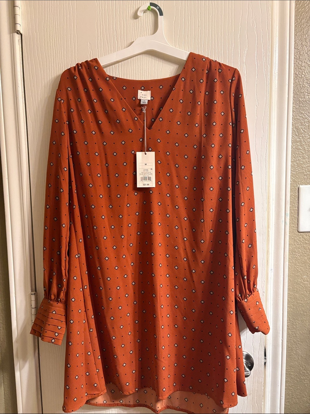 a new day Rust Printed Long-Sleeve V-Neck Shift Dress